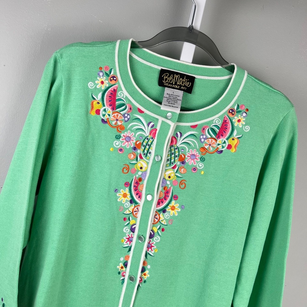 Bob Mackie Cardigan Sweater Womens L Green Embroidered Fruit Wearable Art